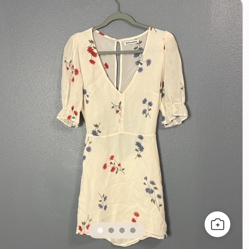 Reformation Cream Mini Dress with Red & Blue Floral - Picture 3 of 5